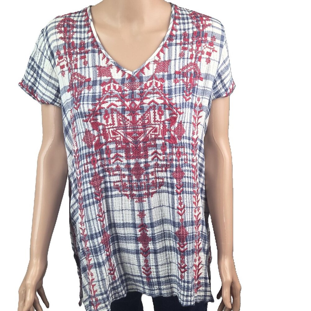 Johnny Was gauzy BLue, White, and Red Tunic M EUC